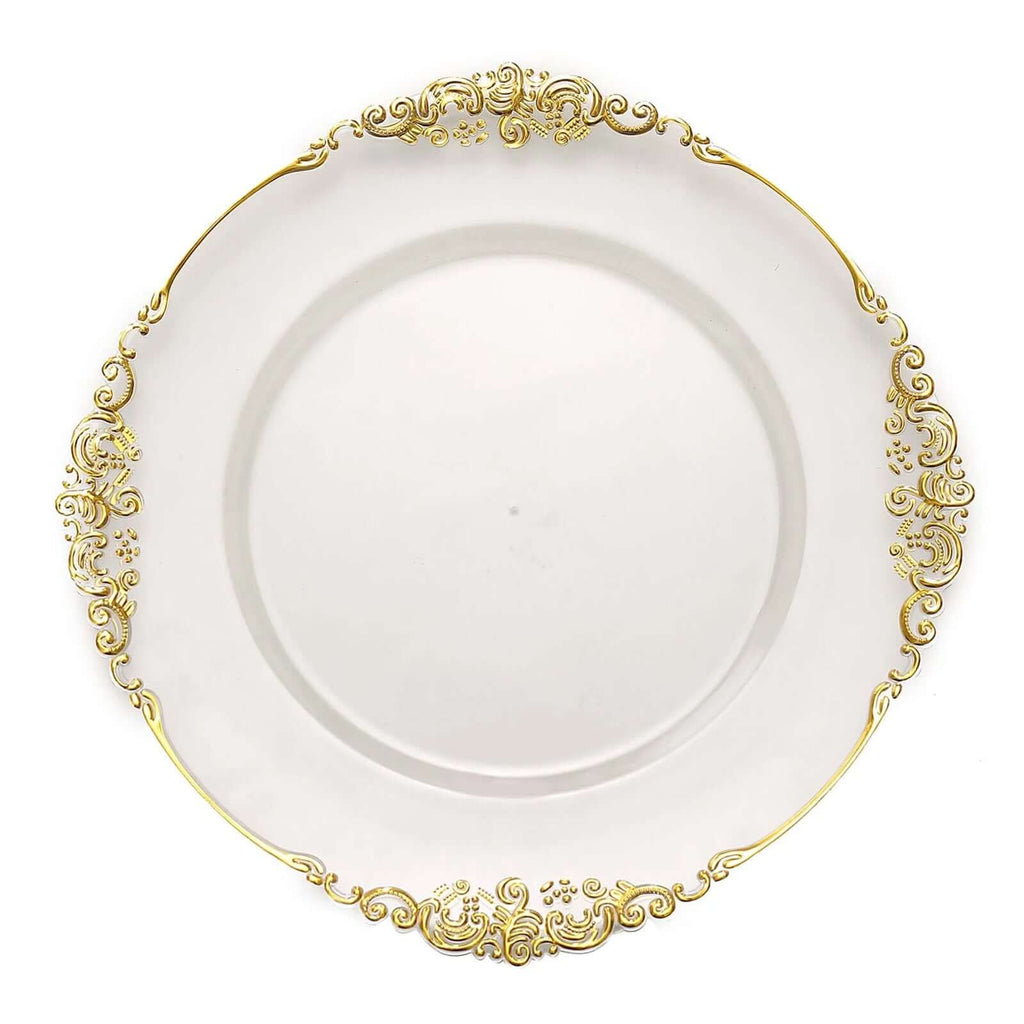 6-Pack Acrylic Charger Plates 13" Round Clear with Gold Embossed Baroque Rim - Antique Decorative Dinner Tableware